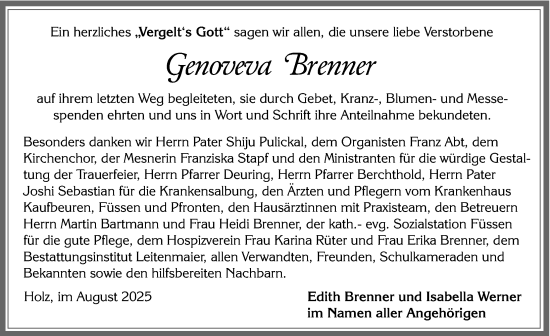 Traueranzeige von Genoveva Brenner von Allgäuer Zeitung, Füssen