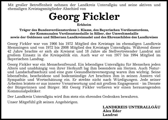 Traueranzeige von Georg Fickler von Mindelheimer Zeitung, Augsburger Allgemeine, Illertisser Zeitung