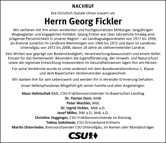 Traueranzeige von Georg Fickler von Augsburger Allgemeine, Mindelheimer Zeitung, Illertisser Zeitung