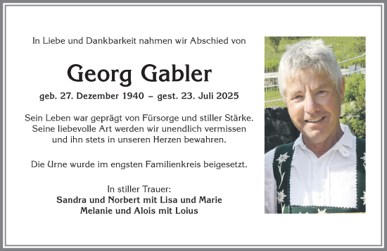 Traueranzeige von Georg Gabler von Allgäuer Anzeigeblatt
