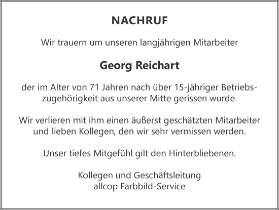 Traueranzeige von Georg Reichart von Der Westallgäuer