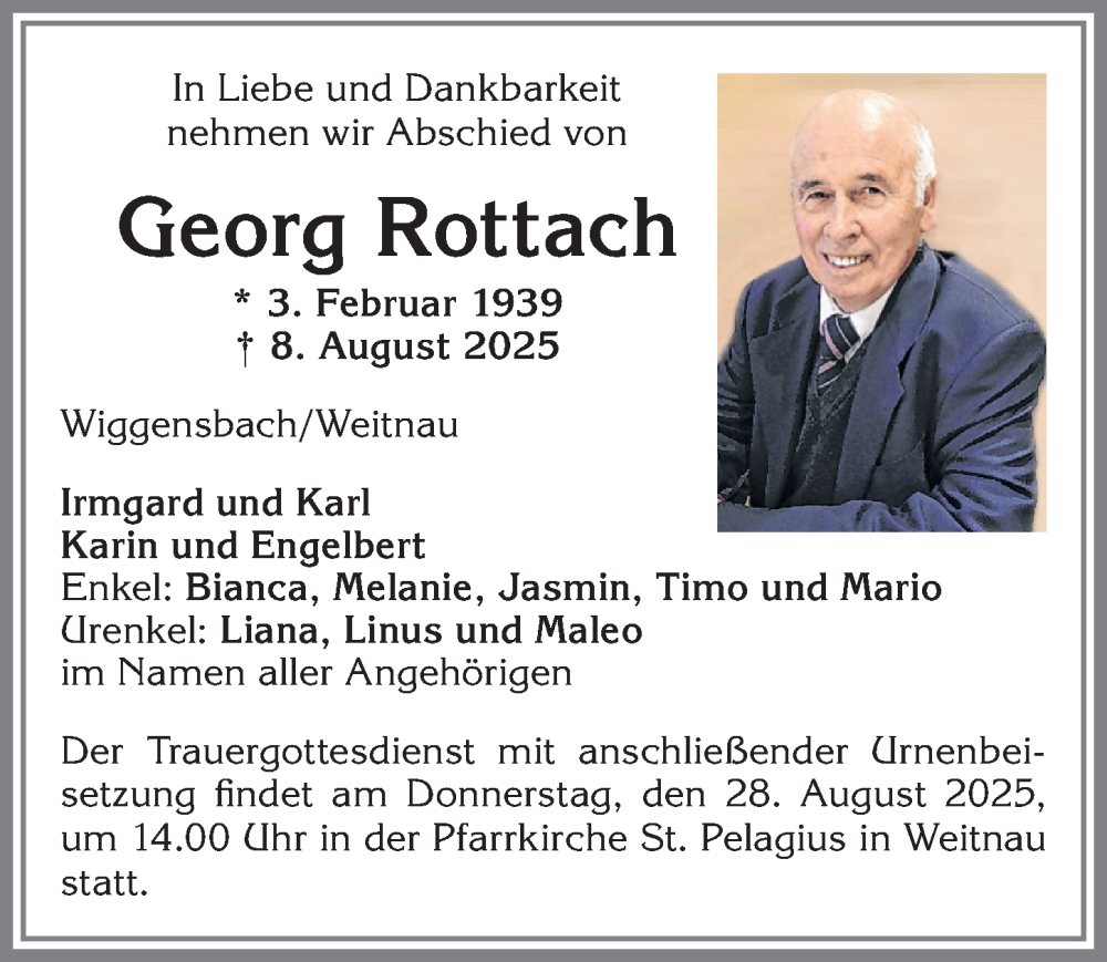  Traueranzeige für Georg Rottach vom 23.08.2025 aus Allgäuer Zeitung,Kempten
