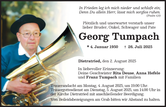 Traueranzeige von Georg Tumpach von Memminger Zeitung