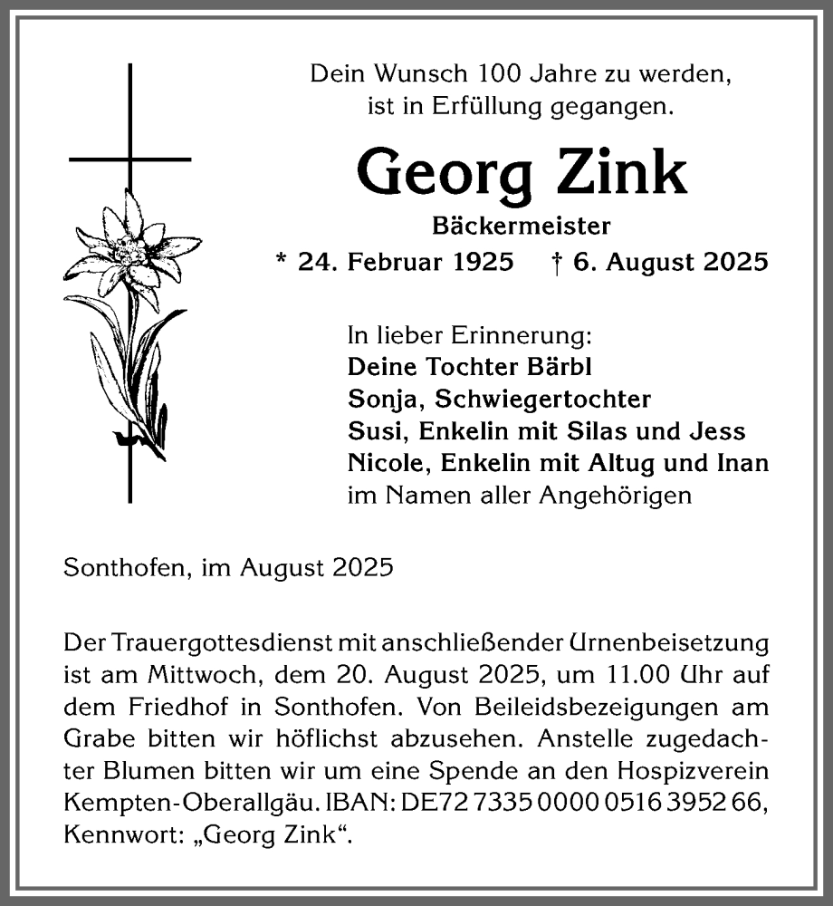  Traueranzeige für Georg Zink vom 16.08.2025 aus Allgäuer Anzeigeblatt