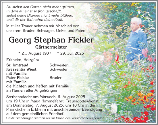 Traueranzeige von Georg Stephan Fickler von Mindelheimer Zeitung, Augsburger Allgemeine