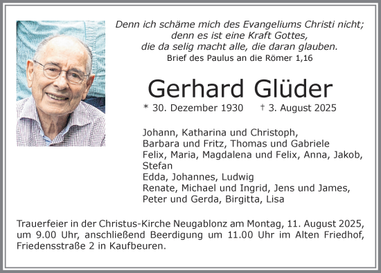 Traueranzeige von Gerhard Glüder von Allgäuer Zeitung, Kaufbeuren/Buchloe