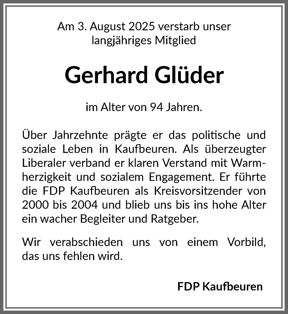  Traueranzeige für Gerhard Glüder vom 30.08.2025 aus Allgäuer Zeitung, Kaufbeuren/Buchloe