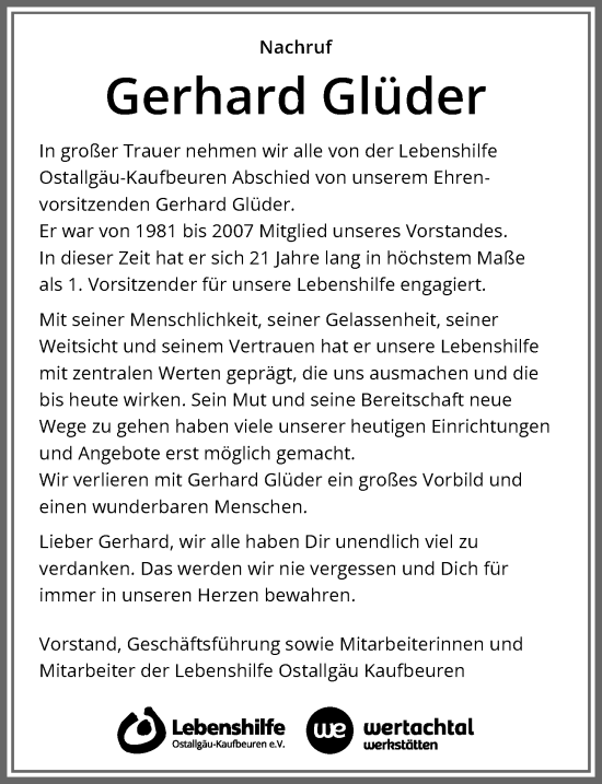 Traueranzeige von Gerhard Glüder von Allgäuer Zeitung, Marktoberdorf