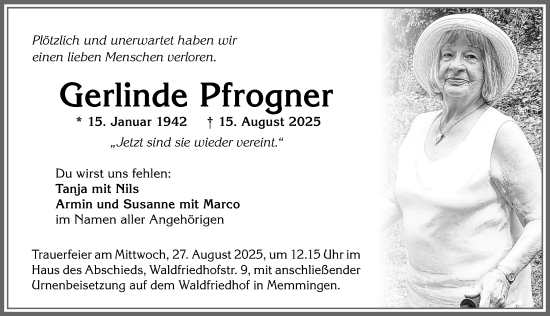 Traueranzeige von Gerlinde Pfrogner von Memminger Zeitung