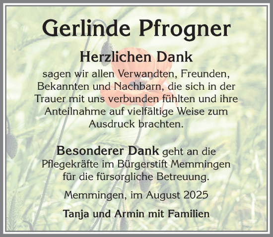 Traueranzeige von Gerlinde Pfrogner von Memminger Zeitung