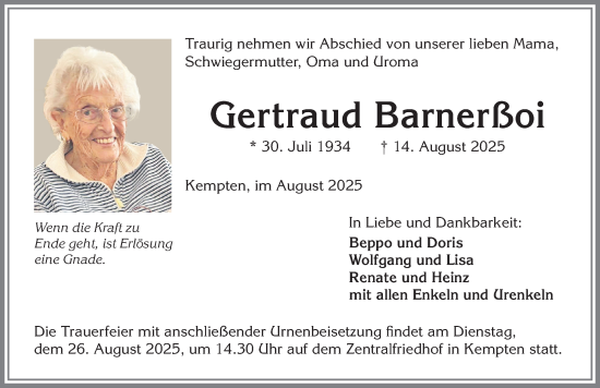 Traueranzeige von Gertraud Barnerßoi von Allgäuer Zeitung,Kempten