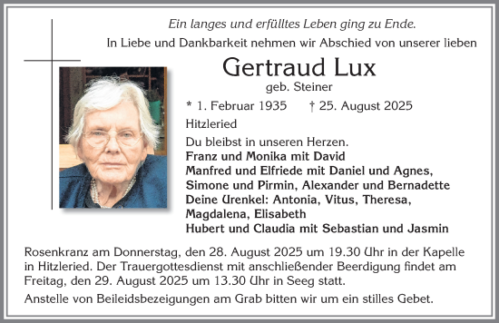 Traueranzeige von Gertraud Lux von Allgäuer Zeitung, Füssen