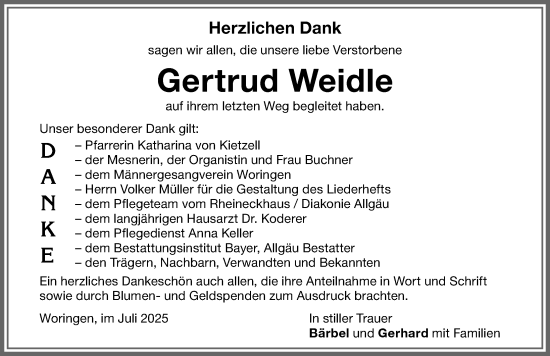 Traueranzeige von Gertrud Weidle von Memminger Zeitung