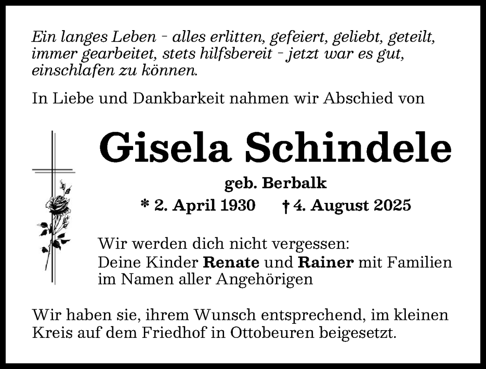  Traueranzeige für Gisela Schindele vom 16.08.2025 aus Memminger Zeitung
