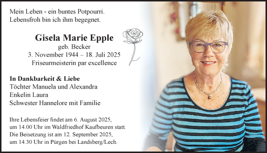 Traueranzeige von Gisela Marie Epple von Allgäuer Zeitung, Kaufbeuren/Buchloe