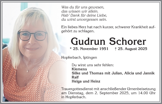 Traueranzeige von Gudrun Schorer von Allgäuer Zeitung, Marktoberdorf