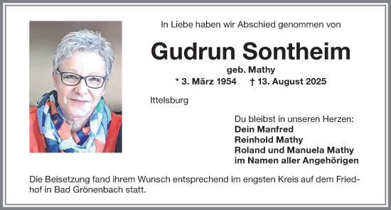Traueranzeige von Gudrun Sontheim von Memminger Zeitung
