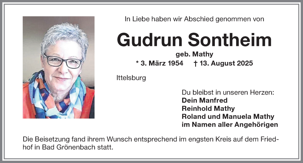  Traueranzeige für Gudrun Sontheim vom 23.08.2025 aus Memminger Zeitung