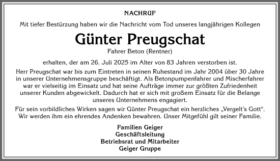 Traueranzeige von Günter Preugschat von Der Westallgäuer