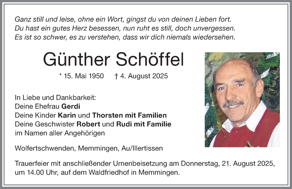  Traueranzeige für Günther Schöffel vom 16.08.2025 aus Memminger Zeitung