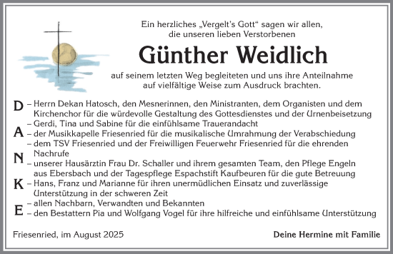 Traueranzeige von Günther Weidlich von Allgäuer Zeitung, Kaufbeuren/Buchloe