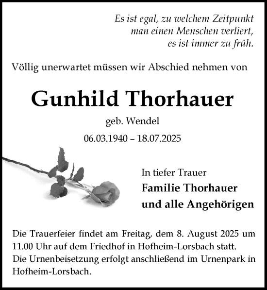 Traueranzeige von Gunhild Thorhauer von Allgäuer Zeitung, Füssen