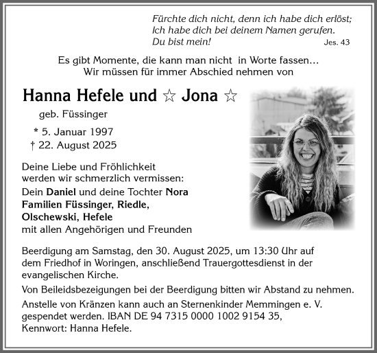 Traueranzeige von Hanna Hefele von Memminger Zeitung
