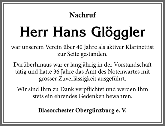 Traueranzeige von Hans Glöggler von Allgäuer Zeitung, Marktoberdorf