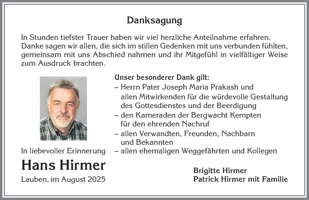  Traueranzeige für Hans Hirmer vom 30.08.2025 aus Allgäuer Zeitung,Kempten