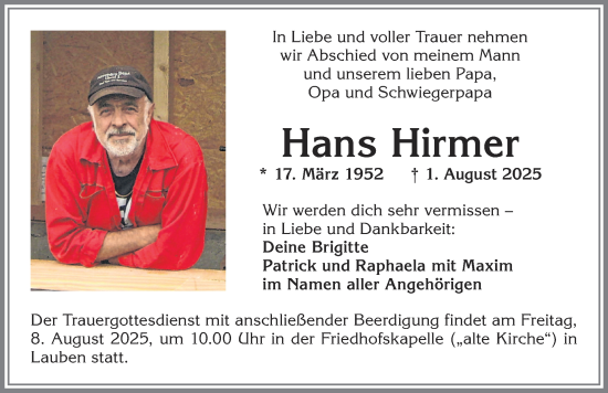 Traueranzeige von Hans Hirmer von Allgäuer Zeitung,Kempten