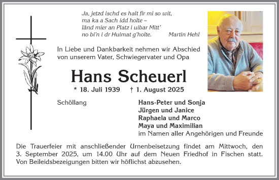Traueranzeige von Hans Scheuerl von Allgäuer Anzeigeblatt