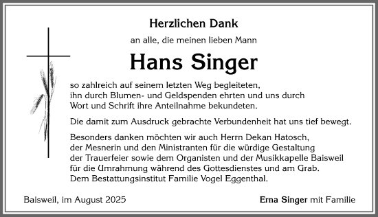Traueranzeige von Hans Singer von Allgäuer Zeitung, Kaufbeuren/Buchloe