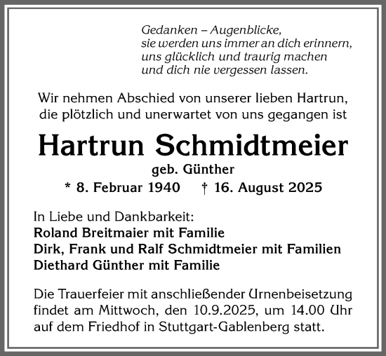 Traueranzeige von Hartrun Schmidtmeier von Allgäuer Anzeigeblatt