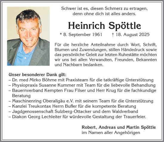 Traueranzeige von Heinrich Spöttle von Allgäuer Zeitung,Kempten