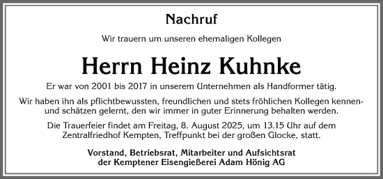 Traueranzeige von Heinz Kuhnke von Allgäuer Zeitung,Kempten