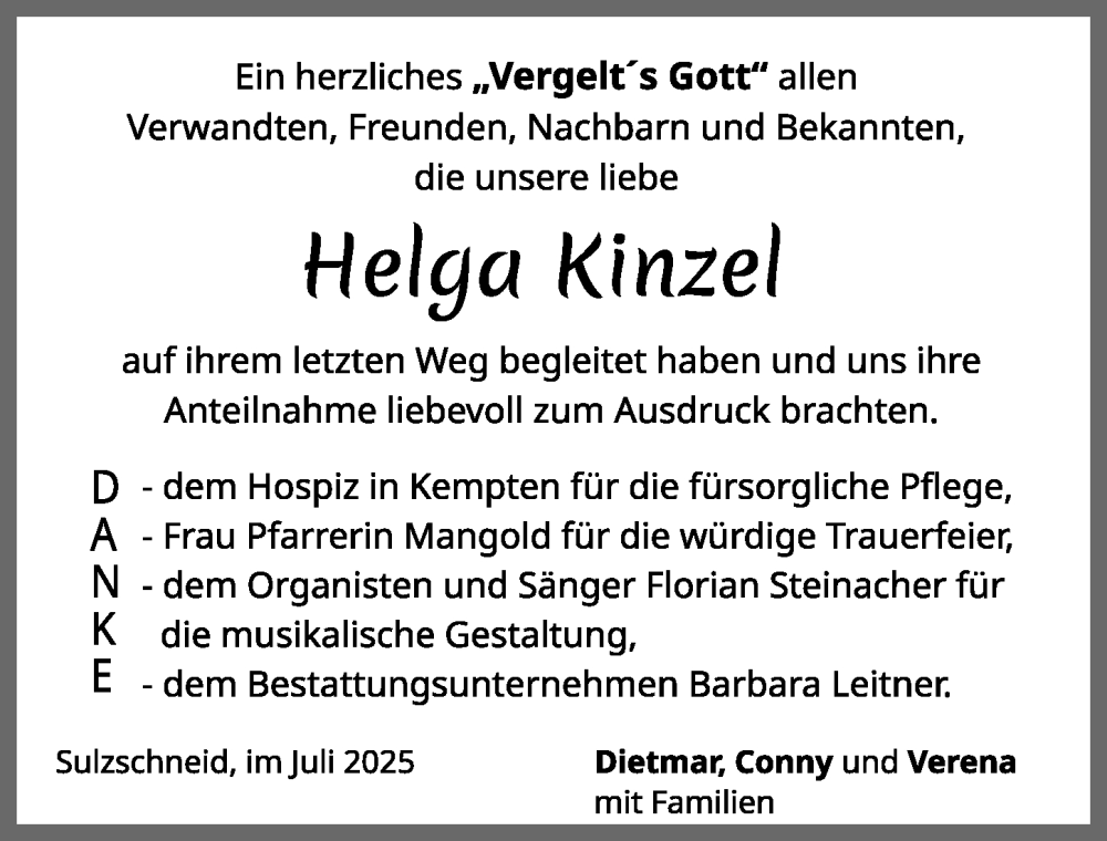 Traueranzeige für Helga Kinzel vom 02.08.2025 aus Allgäuer Zeitung, Füssen