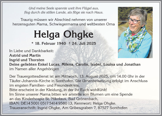 Traueranzeige von Helga Ohgke von Allgäuer Anzeigeblatt