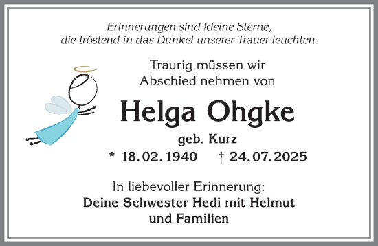 Traueranzeige von Helga Ohgke von Allgäuer Anzeigeblatt