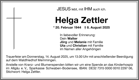 Traueranzeige von Helga Zettler von Memminger Zeitung