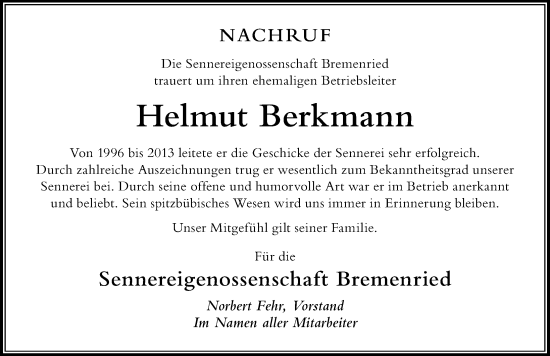 Traueranzeige von Helmut Berkmann von Der Westallgäuer