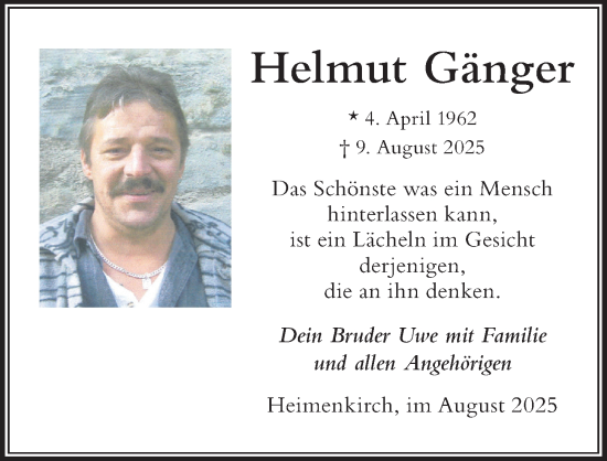 Traueranzeige von Helmut Gänger von Der Westallgäuer