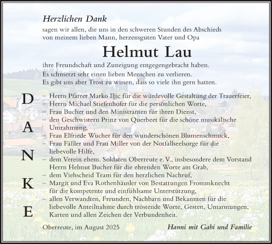 Traueranzeige von Helmut Lau von Der Westallgäuer