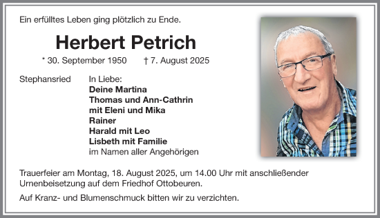 Traueranzeige von Herbert Petrich von Memminger Zeitung