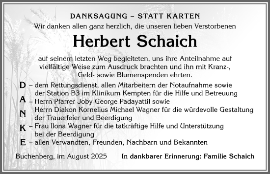 Traueranzeige von Herbert Schaich von Allgäuer Zeitung,Kempten