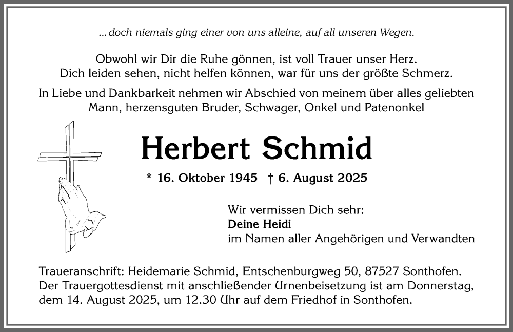  Traueranzeige für Herbert Schmid vom 09.08.2025 aus Allgäuer Anzeigeblatt