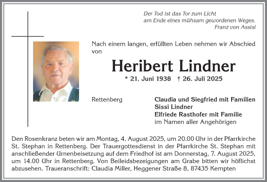 Traueranzeige von Heribert Lindner von Allgäuer Anzeigeblatt