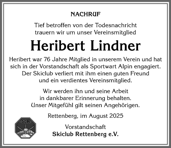 Traueranzeige von Heribert Lindner von Allgäuer Anzeigeblatt