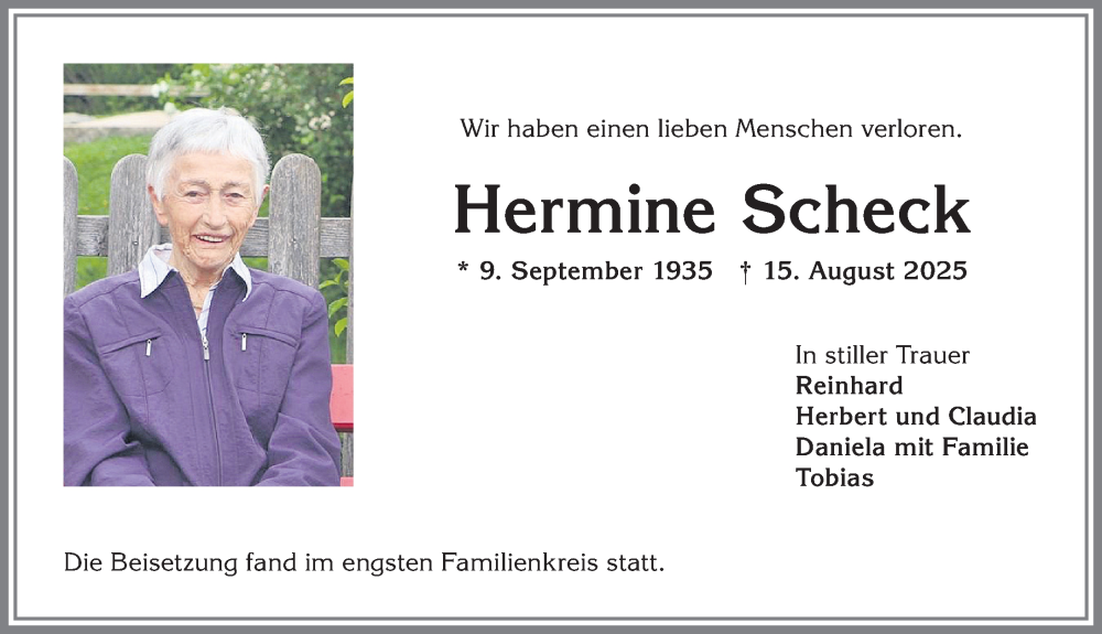  Traueranzeige für Hermine Scheck vom 30.08.2025 aus Allgäuer Anzeigeblatt