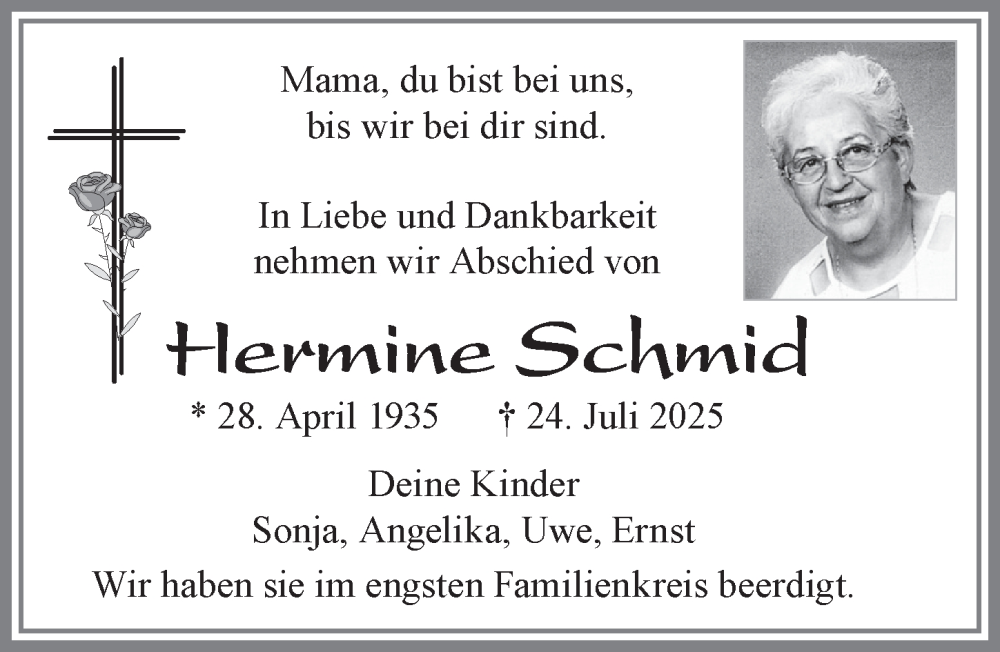  Traueranzeige für Hermine Schmid vom 13.08.2025 aus Allgäuer Zeitung, Marktoberdorf