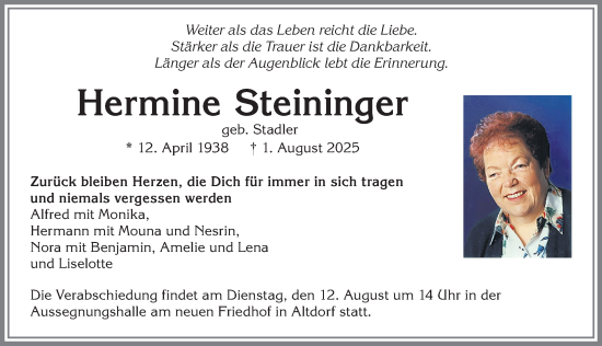 Traueranzeige von Hermine Steininger von Allgäuer Zeitung, Marktoberdorf